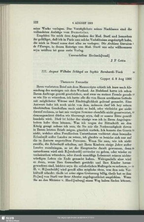 August Wilhelm von Schlegel an Sophie Bernhardi, Coppet, 08.08.1805