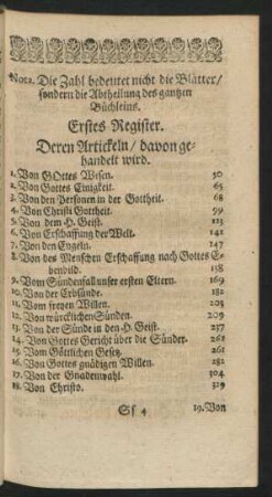 Erstes Register. Deren Artickeln/ davon gehandelt wird.