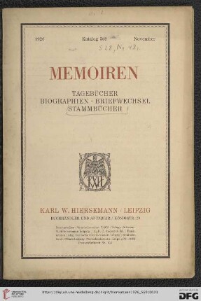 Nr. 569: Katalog: Memoiren - Tagebücher, Biographien, Briefwechsel, Stammbücher