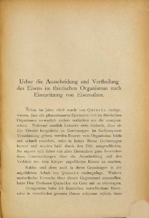 Ueber die Ausscheidung und Vertheilung des Eisens im thierischen Organismus nach Einspritzung von Eisensalzen : Inaug.-Diss.