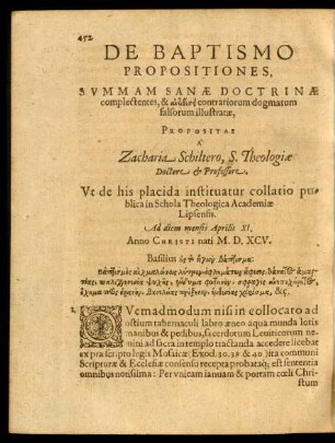 De Baptismo Propositiones, Summam Sanae Doctrinae complectentes ...