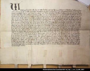 Der Häuptling Wibet von Stedesdorf räumt dem Häuptling Ulrich Cirksena die Burg Esens ein = OUB I, Nr. 513, S. 456 Anhängende Siegel 2, 3, 4 und 5 beschädigt erhalten