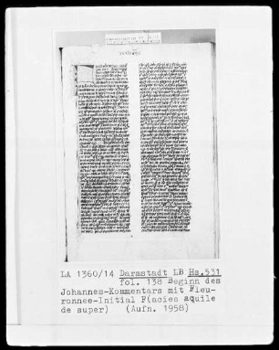 Nicolaus de Lyra, Evangelienkommentar — Initiale F(acies aquile de super), Folio 138recto