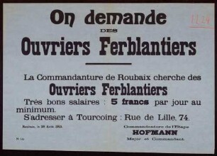"On demande des Ouvriers Ferblantiers" (Angebot von Arbeitsplätzen für Klempner) (No. 145)