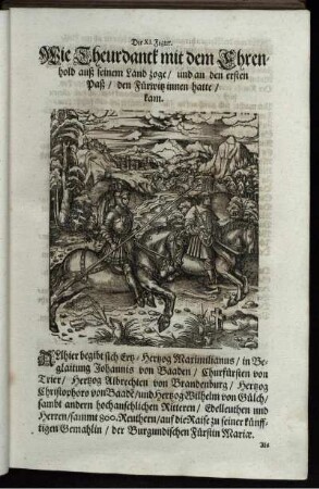 Die XI. Figur. Wie Theurdanck mit dem Ehrenhold auß seinem Land zoge/ und an den ersten Paß/ den Fürwitz innen hatte/ kam