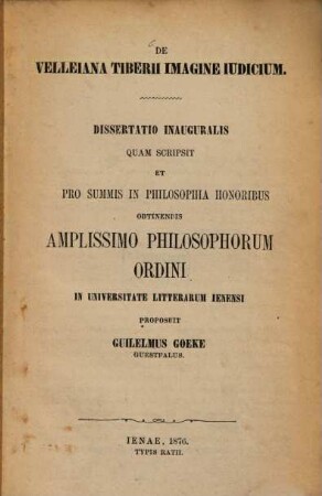 De Velleiana Tiberii imagine iudicium : (Jenenser Doctordiss.)