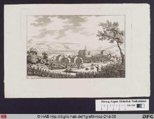 [Ansicht von Stuttgart: Häuser und Kirche. Berge im Hintergrund, Wanderer im Vordergrund].