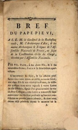 Bref du Pie VI. à le Cardinal de la Rochefoucault ... au Sujet de la Constitution civile du Clergé