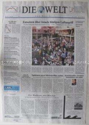Tageszeitung "Die Welt" mit Titelbericht zu einem Luftangriff Israels auf die palästinensische Stadt Gaza