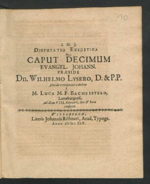 Disputatio Exegetica In Caput Decimum Evangel. Johann.