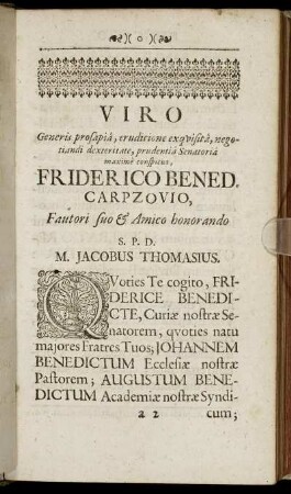 Viro Generis prosapia [...] Friederico Bened Carpzovio [...]