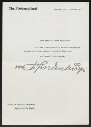 Brief von Paul von Hindenburg an Gerhart Hauptmann