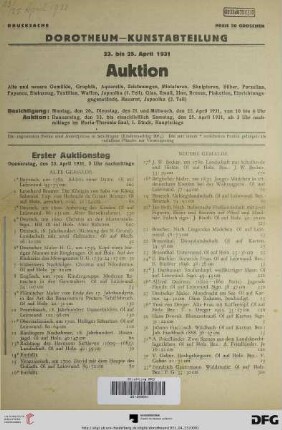 Auktion : 23. bis 25. April 1931 ; alte und neuere Gemälde, Graphik, Aquarelle, Zeichnungen, Miniaturen, Skulpturen, Silber, Porzellan, Fayence, Steinzeug, Textilien, Waffen, Japonika (1. Teil), Glas, Zinn, Bronze, Plaketten, Einrichtungsgegenstände, Hausrat, Japonika (2. Teil)