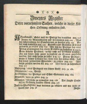 Zweytes Register Derer vornehmsten Sachen, welche in dieser Kirchen-Ordnung enthalten sind