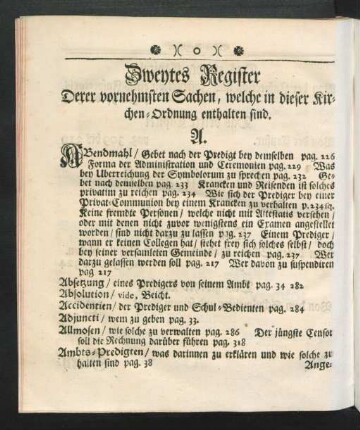 Zweytes Register Derer vornehmsten Sachen, welche in dieser Kirchen-Ordnung enthalten sind