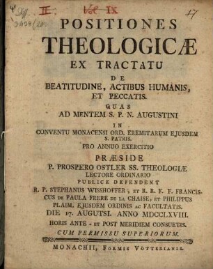 Positiones theologicae ex tractatu de beatitudine, actibus humanis, et peccatis