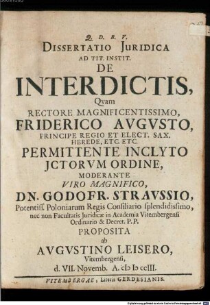 Dissertatio Juridica Ad Tit. Instit. De Interdictis