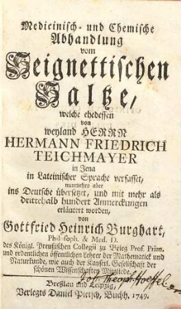 Medicinisch- und Chemische Abhandlung vom Seignettischen Salze