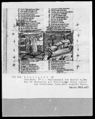 Weltchronik des Rudolf von Ems — Textseite mit Doppelminiatur, Folio 83recto