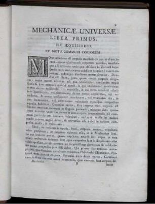 Mechanicae Universae. Liber Primus. De Aequilibro, Et Motu Communi Corporum.