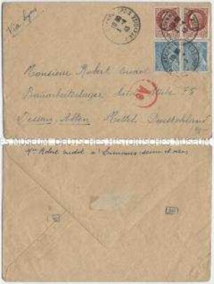 Briefumschlag aus Vichy-Frankreich mit vier Briefmarken mit dem Porträt von Marschall Pétain, adressiert an einen Insassen eines Arbeitslagers in Deutschland