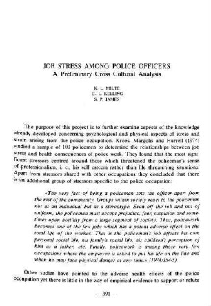 391-410, Job stress among police officers. A Preliminary Cross Cultural Analysis