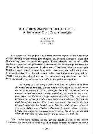 391-410, Job stress among police officers. A Preliminary Cross Cultural Analysis