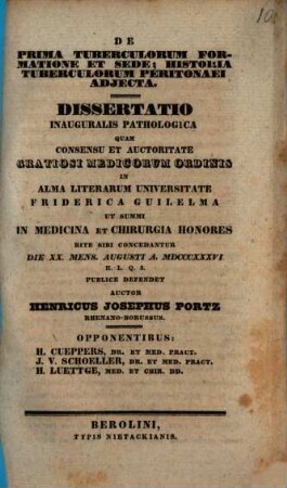 De prima tuberculorum formatione et sede : historia tuberculorum peritonaei adiecta ; Diss. inaug. path.