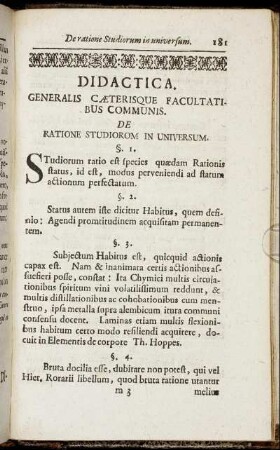 Didactica. Generalis Cæterisque Facultatibus Communis. De Ratione Studiorum In Universum