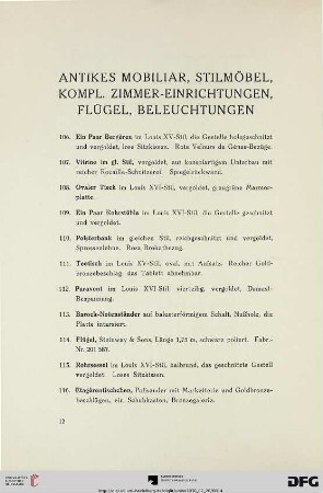 Antikes Mobiliar, Stilmöbel, Kompl. Zimmer-Einrichtungen, Flügel, Beleuchtungen (Nr. 106-184)
