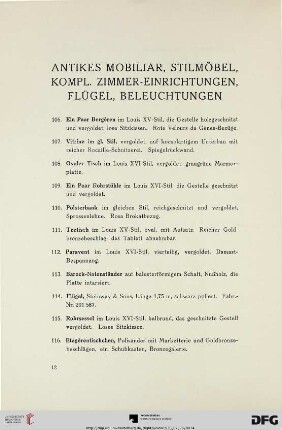 Antikes Mobiliar, Stilmöbel, Kompl. Zimmer-Einrichtungen, Flügel, Beleuchtungen (Nr. 106-184)