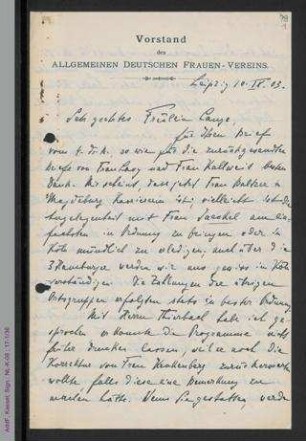 Brief von Johanna Brandstetter an Helene Lange
