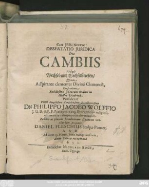 Dissertatio Iuridica De Cambiis vulgo Wechsel- und Wechselbriefen