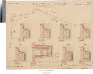 Fort Gonsenheim [der Festung Mainz]: Grundriss der Contrescarpe exklusive der rechten Flanke sowie Profile der 1871-1873 rekonstruierten Contrescarpe der linken Face und der linken Flanke