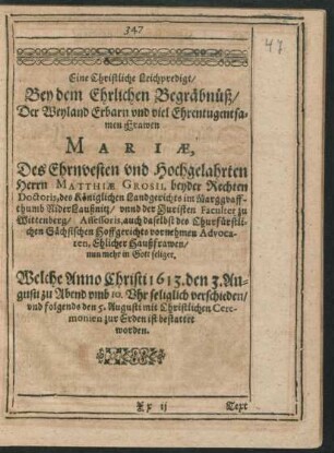 Eine Christliche Leichpredigt/ ... Frawen Mariae, Des Ehrnvesten und Hochgelahrten Herrn Matthiae Grosii ... Ehlicher Haußfrawen ...