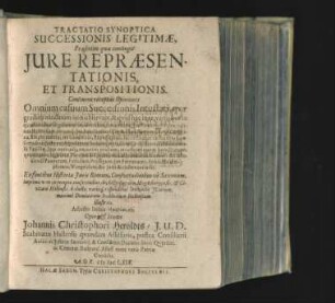 Tractatio Synoptica Successionis Legitimae, Praesertim quae contingit Iure Repraesentationis, Et Transpositionis : Continens receptas Opiniones Omnium casuum Successionis Intestati ... Ex fontibus Historiae Iuris Romani, Consuetudinibusve Saxonum, imprimis vero ex recepta consuetudine ArchiEpiscopatus Magdeburgensis, & Civitatis Hallensis ... illustrata ; Adiecto Indice Materiarum