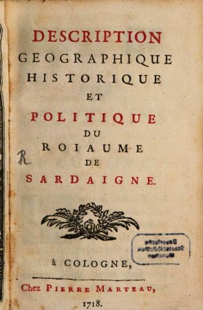 Description Geographique Historique Et Politique Du Roiaume De Sardaigne
