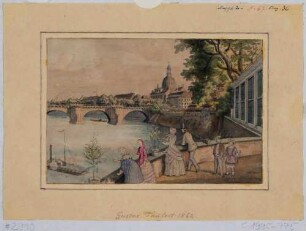 Ansicht von Dresden, Blick von der linken Elbseite in Höhe des alten Packhofviertels auf die Altstadt