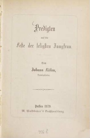 Predigten auf die Feste der seligsten Jungfrau