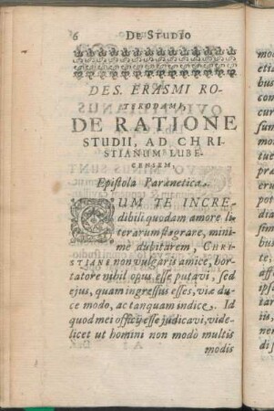 Des. Erasmi Roterodami, De Ratione Studii, Ad Christianum Lubecensem, Epistola Parænetica.