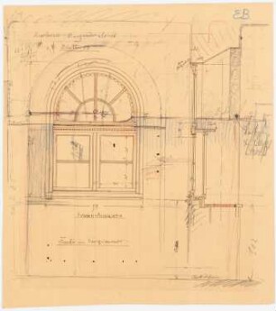 Einfamilienwohnhaus, Berlin-Nikolassee: (von Inv.Nr. 43325 ) Detail (ohne Maßstab): Fenster im Vorzimmer in Außenansicht und Vertikalschnitt