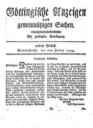 26tes Stück. Sonnabend, den 2ten Julius 1774.