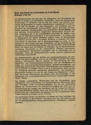 Ziele und Inhalt des Unterrichts im Fach Musik (Klassesn 5 bis 10)