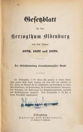 Gesetzblatt für das Herzogtum Oldenburg : von den Jahren .... 24. 1876/78
