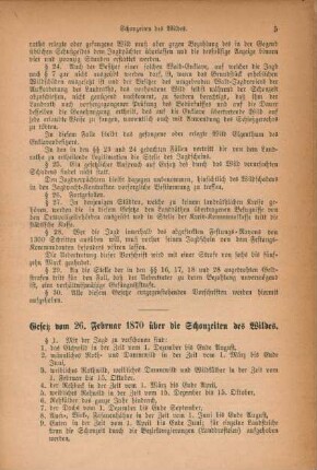 Gesetz vom 26. Februar 1870 über die Schonzeiten des Wildes.