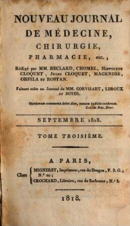 Nouveau journal de médecine, chirurgie, pharmacie. 3, 3. 1818