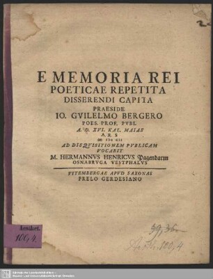 E Memoria Rei Poeticae Repetita Disserendi Capita