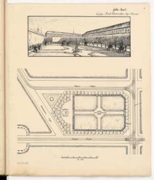 Dönhoffplatz, Berlin Monatskonkurrenz 1920: Lageplan 1:500; perspektivische Ansicht; Maßstabsleiste