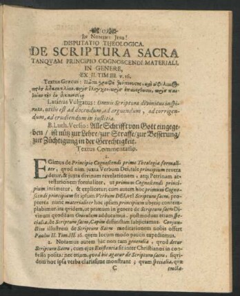 Disputatio Theologica De Scriptura Sacra Tanquam Principio Cognoscendi Materiali In Genere