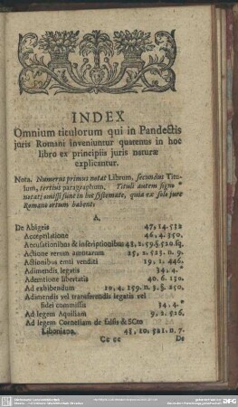 Index Omnium titulorum qui in Pandectis iuris Romani inveniuntur quatenus in hoc libro ex principiis iuris naturae explicantur